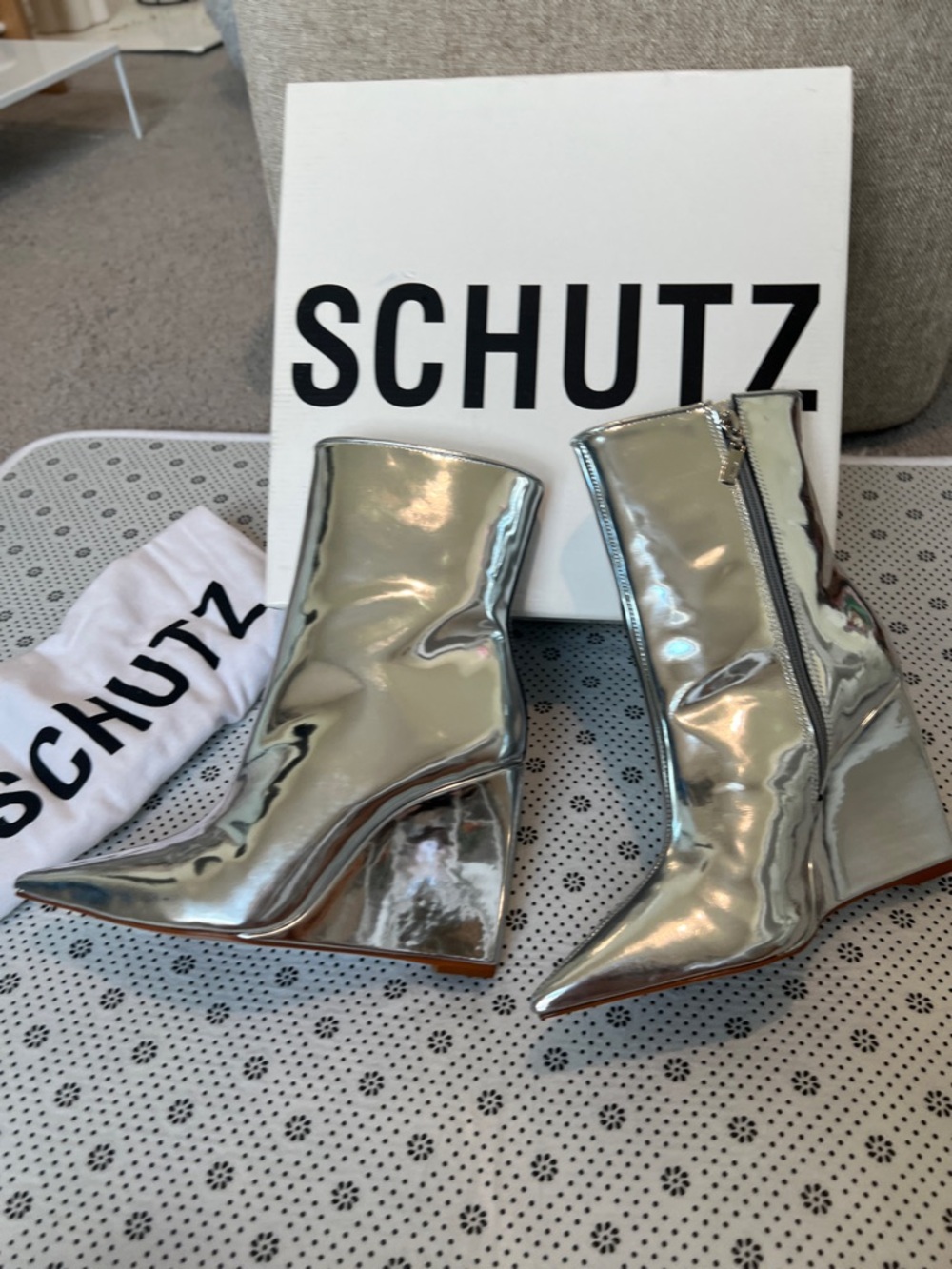 SCHUTZ Silver Metallic Pointed Wedge Ankle Boots
